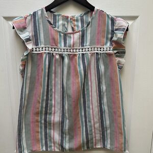 Emery Rose Shirt Women's Size Large Striped Print Lace Butterfly Sleeve Linen